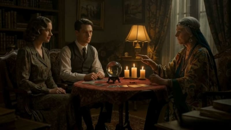 Casal consultando vidente com bola de cristal e cartas de tarô para prever o futuro.
