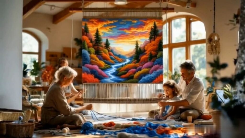 Família tecendo tear, representando os fios da vida, herança e tradição familiar.